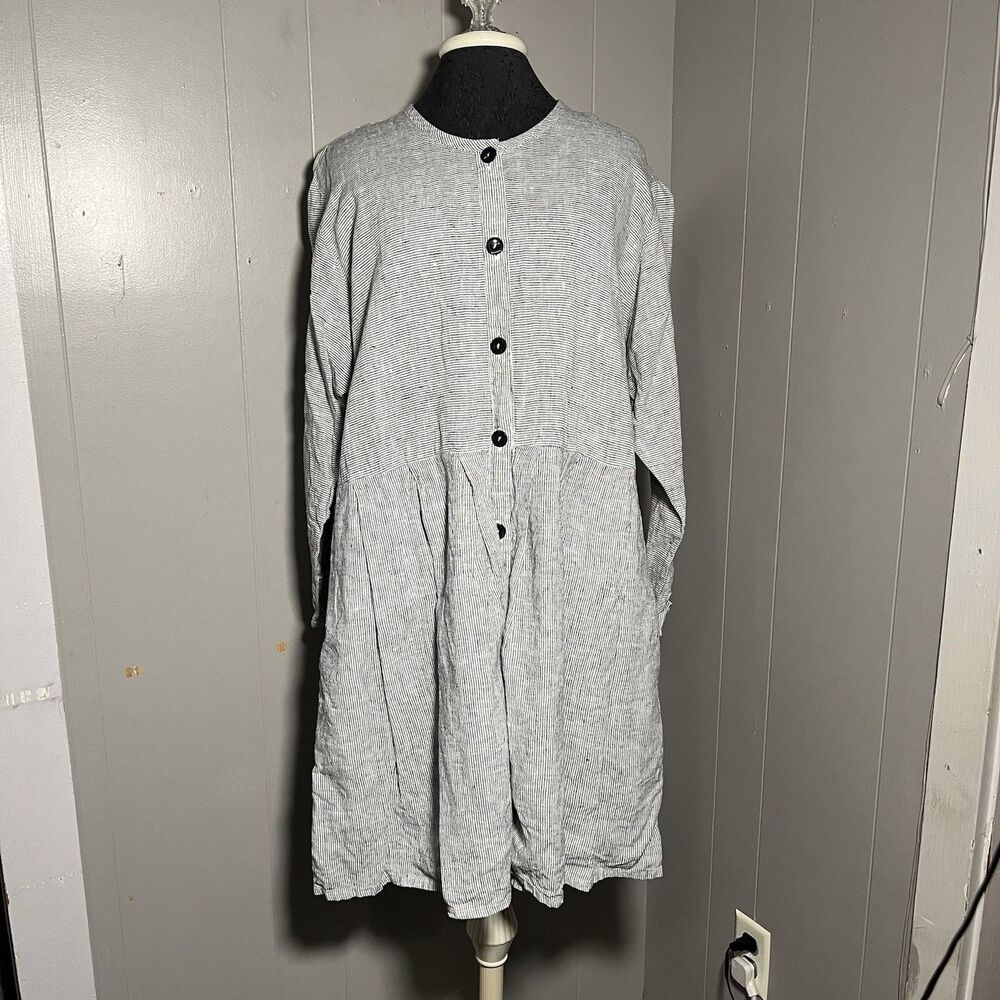 FLAX 100% Linen Oversized Shirt Dress Lagenlook Size Medium Art Cottage